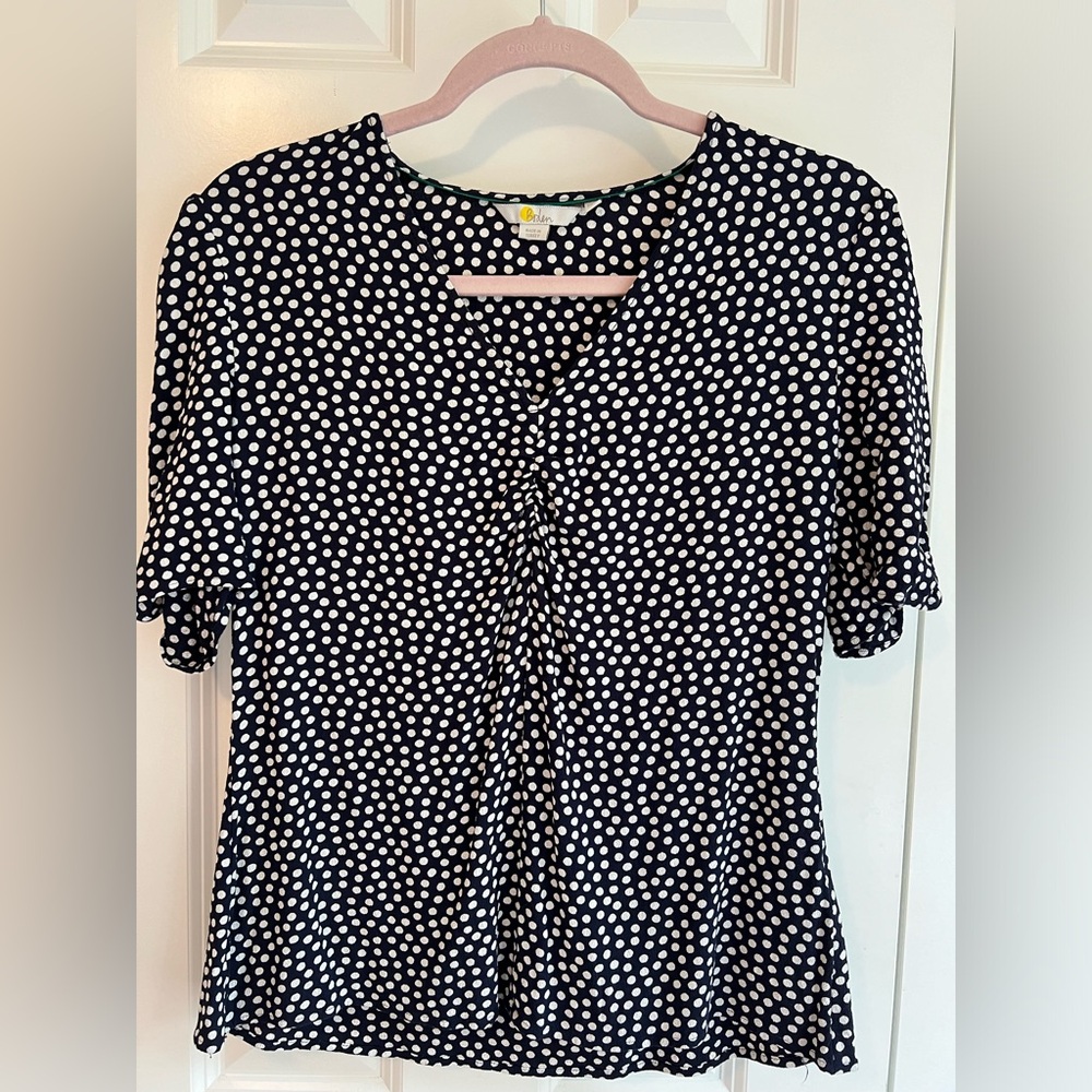 Boden short sleeve top, navy blue with white polka dots